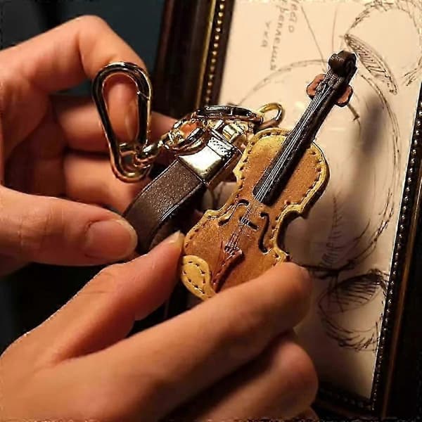 Handgjord Läder Violin & Cello Nyckelring, Musikinstrument Nyckelring