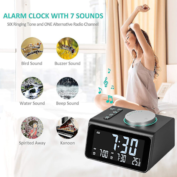 Dual clockradio, digitalt vækkeur med FM-radio, dobbelte USB-porte, 7 alarmlyde, 5 justerbare
