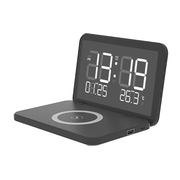 Wireless Charging Clock With Calendar/temperature Display/led Mirror Display Black