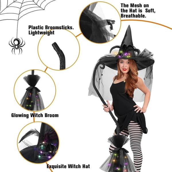 Halloween glødende hekse kost og hatt sett kosteskaft Heks Trollmann Hatter
