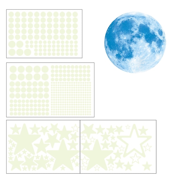 Glow-in-The-Dark Stars Moon Wall Stickers Let at installere Realistisk Skab romantisk atmosfære Lysende vægdekaler Tianyuhe Blue