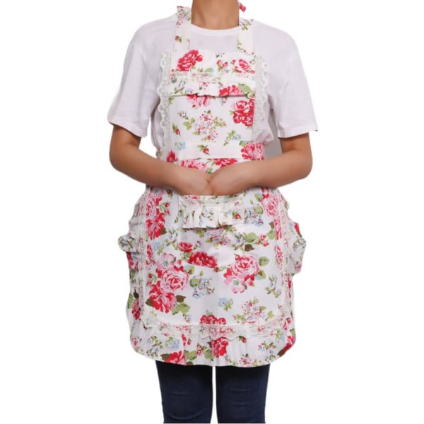 Women's Original Floral Apron with Pockets, Adjustable Long Strings for Kitchen Cooking, Baking and Gardening