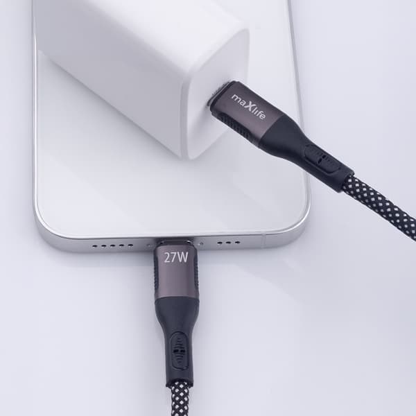 Maxlife MXUC-11 magnetkabel USB-C - Lightning 1,0 m 27W svart nylon