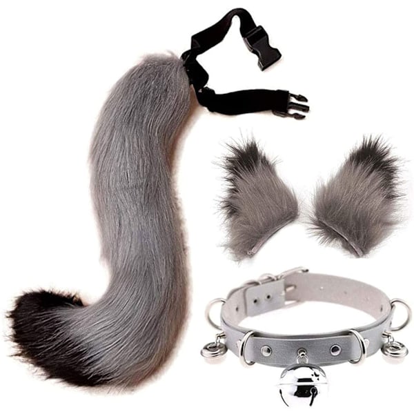 Tail and Ears Set, Long Fox Tail Cosplay Faux Furry Fox Wolf Tail Kit with Ears and Ring Collar for Kids Girls Boys Teens Women Party