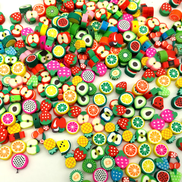 200 kpl hedelmähelmiä sekakäsityötä tee-se-itse välihelmiä sekahedelmähelmiä värikkäät polymeerisavihelmet Käsintehdyt helmet lapsille tytöille kaulakoru rannekoru