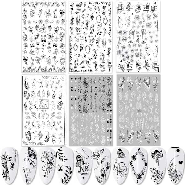 6 ark negleklistermærker, 3D neglekunstklistermærker Blomstersommerfuglplante selvklæbende negleklistermærker til DIY-design manicuredekoration (sort og hvid)