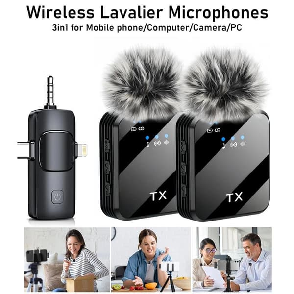 3-i-1 Trådlös Lavalier Mikrofon för Kamera, iPhone, Android, Mikrofon för Videoinspelning Podcast Brusreducering mic 2ST 2PCS Lavalier Mic