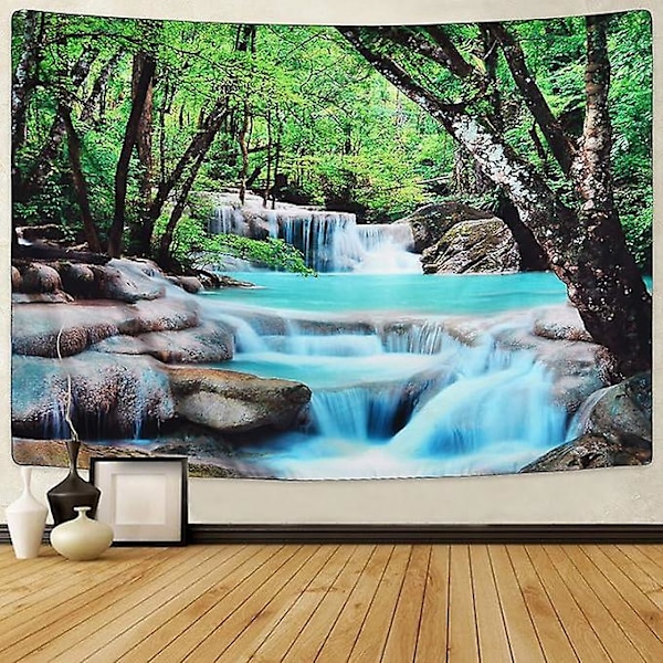 Tree Tapestry Waterfall Tapestry Forest Tapestry Wall Hanging, Nature Tapestry Stone River Tapestry for Room (59.1ʺ × 59.1ʺ/ 150cm × 150cm)