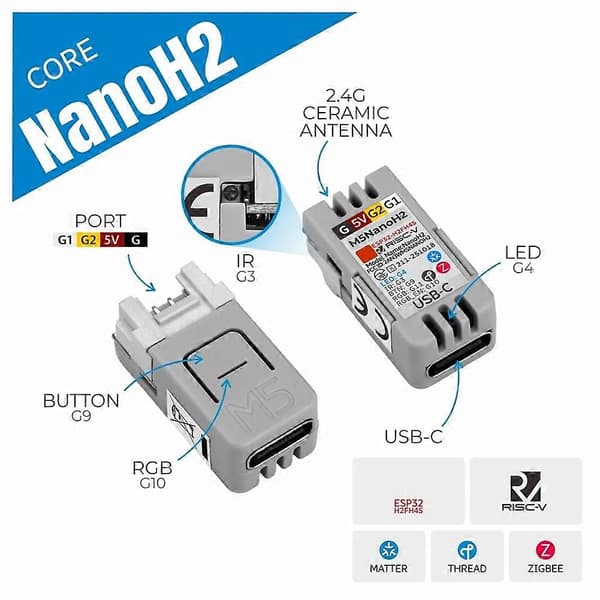 NanoH2 Micro IOT udviklingskort indbygget LED, IR infrarød sender og RGB understøtter Zigbee, Thread og Matter Gray