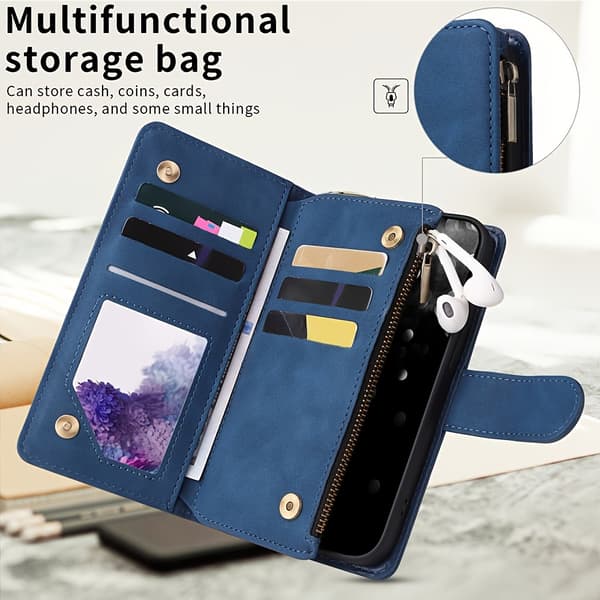 Plånbok med dragkedja PU Konstläder Telefonfodral Passar iiPhone 17 Pro Max Flip Magnetiskt Skal Blu-iPhone 17 Pro Max