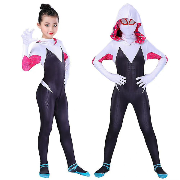 Halloween Spider-man: Into The Spider-verse Spider Gwen Cosplay Bodysuit Kostyme Med Maske Barn Jenter Fest Superhelt Jumpsuit Fancy Dress Up 9-10 Years