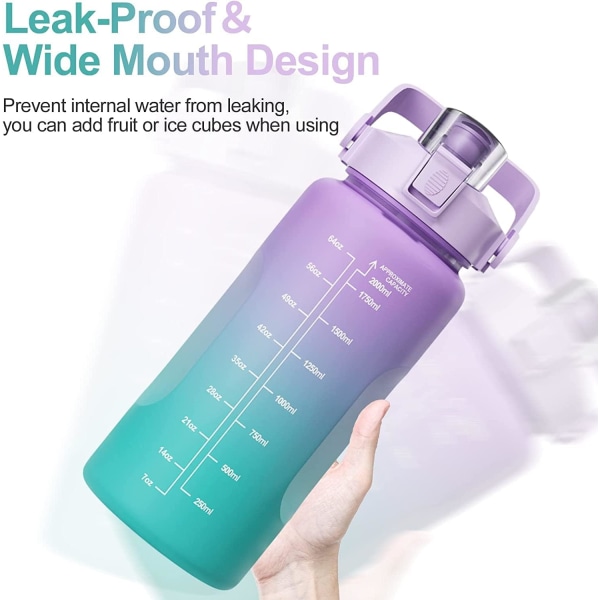 Vannflaske, 2 liters sportsflaske, inspirert tidsmarkør, vannflaske med sugerør, BPA-fri, lekkasjesikker, lett og gjenbrukbar, egnet