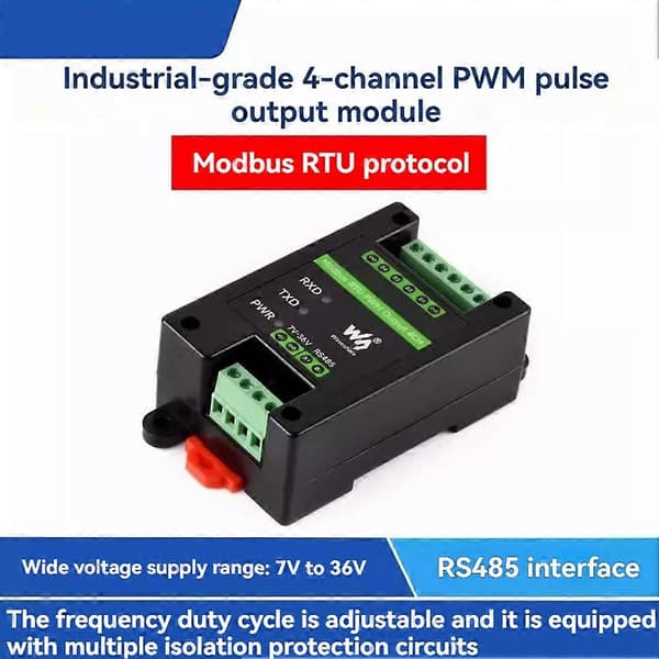 Waveshare Industriel 4-CH PWM Pulsudgangsmodul Modbus RTU Protokol RS485 Interface Justerbar Frekvens Svart