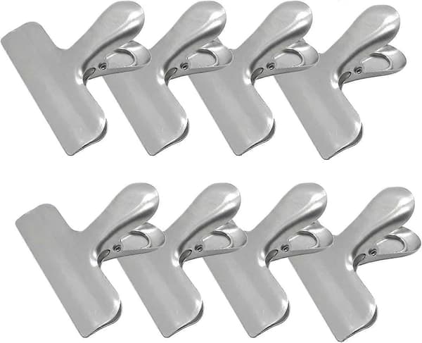 8-pak metalchipsklemmer. 3 tommer brede kraftige fødevareposeklemmer i rustfrit stål.