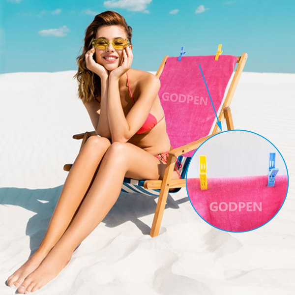 Packa färgglada plastklädnypor för strandhanddukar, solstolar, filtar, poolstolar, kryssning. Förhindra att din handduk blåser bort