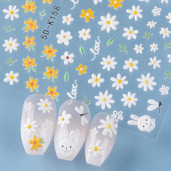 3 ark Blomster Nagelstickers 3D Nagelkonst Stickers 5D Nageldekoration Självhäftande Manikyrdesign för Kvinnor Flickor (Daisy)