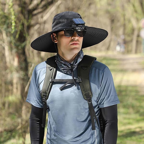 Utendørs solhatt med bred brem og 2 solcellevifter Solhatt med vifte Solcelle Black One Size
