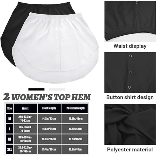 2-pakke mini skjorteforlængere til kvinder, halvlængde slids, alsidig falsk skjorteforlænger med knapper, skjorteforlænger med høj lavt lag til kvinder