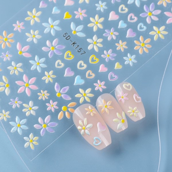 3 ark Blomster Nagelstickers 3D Nagelkonst Stickers 5D Nageldekoration Självhäftande Manikyrdesign för Kvinnor Flickor (Daisy)