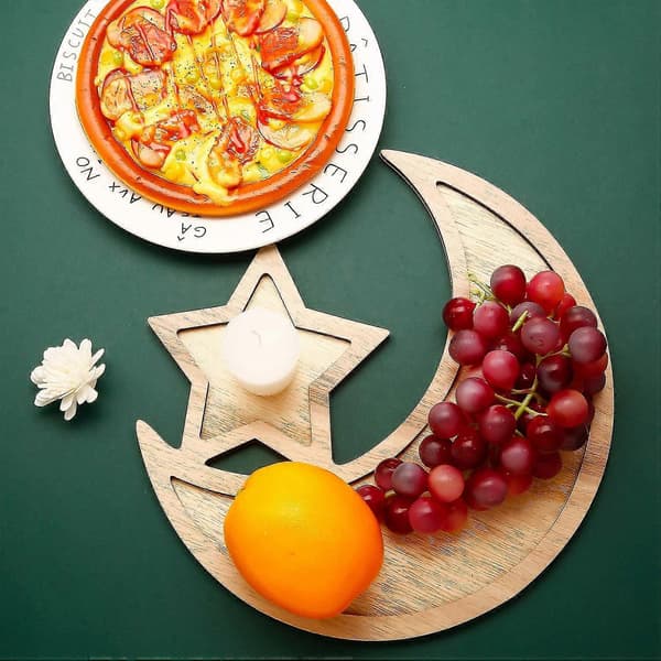 2 uppsättningar Ramadan träbricka månstjärna servis Eid Mubarak serveringsservis för frukost middag efterrätt bakverk displayställ dekoration prydnad