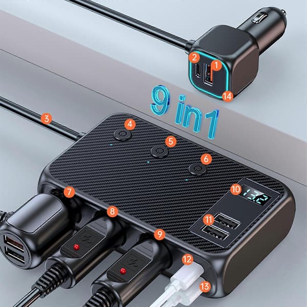 9-i-1 sigarettenneruttak splitter USB-C hurtiglader strømadapteruttak