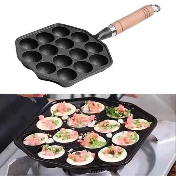 Takoyaki Panne 14 Hull Nonstick Støpejernsform med Avtakbart Håndtak for Hjemmelaging