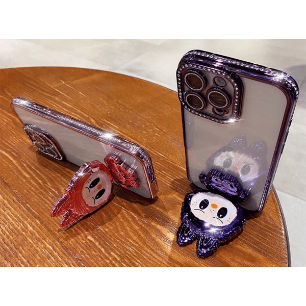 Monsters Plated Phone Case with Hidden Mirror & Stand: Glittering Diamond Lens Frame, Compatible with iPhone (Pink) iPhone16 T7 iPhone16 iPhone16 T7