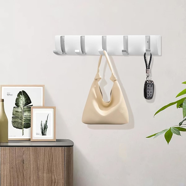 2-pack väggmonterad flytande klädhängare, vit aluminium klädhängare med 5 infällbara krokar, hopfällbara vägghängare