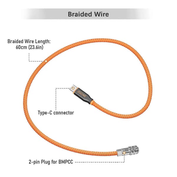 2025 Zgcine Pd-Bmd Usb-C til 2-pins Bmpcc strømkabel 60 cm lengde med flettet ledning