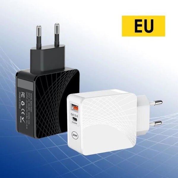 30W Snabbladdare med 2 Portar - PD20W + QC 3.0 för iPhone 16 Pro, iPhone 16 Pro Max, iPhone 16 Plus, iPhone 15 Pro, 15 Plus - Vit