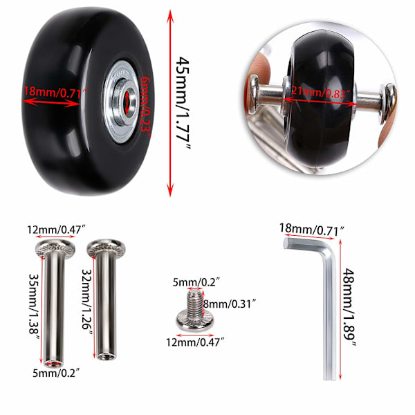 4 kappaleen sarja vaihdettavia kääntyviä kumipyöriä matkalaukkuihin, 45 x 18 mm
