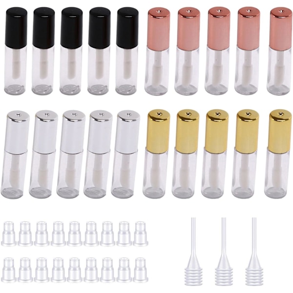 20-pack 1,2 ml Snygga Tomma Läppglansrör Behållare, Genomskinliga Mini Återfyllningsbara Läppbalsamflaskor med Gummiinsatser (4 Färger)