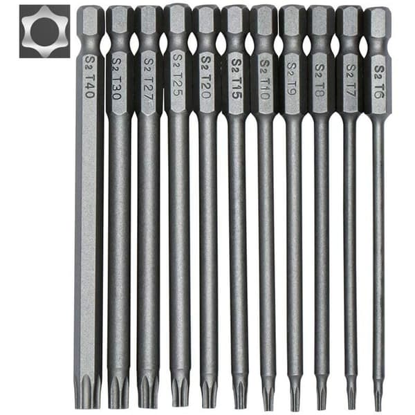11-delars Lång Torx Skruvmejselbits Set - Magnetiska Bits - 1/4\" Hex Skaft - Storlekar T6 till T40 - 100mm Längd