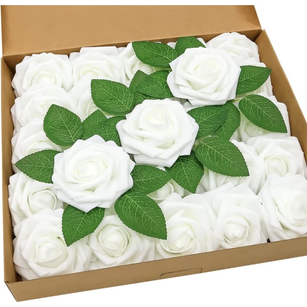 25 stykker kunstig hvit rose, hvit rose - brukes til bryllup, valentinsdag, forslag, fester - langtidslagring, giftfri