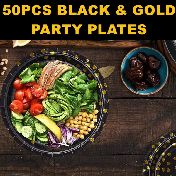 50 pakkaus 9 tuuman mustat ja kultaiset paperilautaset – juhlatarvikkeet syntymäpäiväkoristeisiin, morsiussuihku, cocktail, häät, piknik