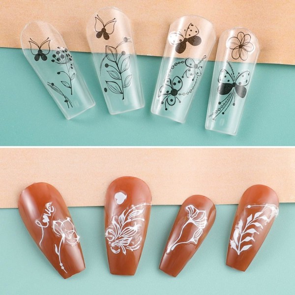 6 arkin kynsitarrat, 3D- nail art Flower Butterfly Plant itseliimautuvat kynsitarrat tee-se-itse-manikyyrin koristeluun (mustavalkoinen)