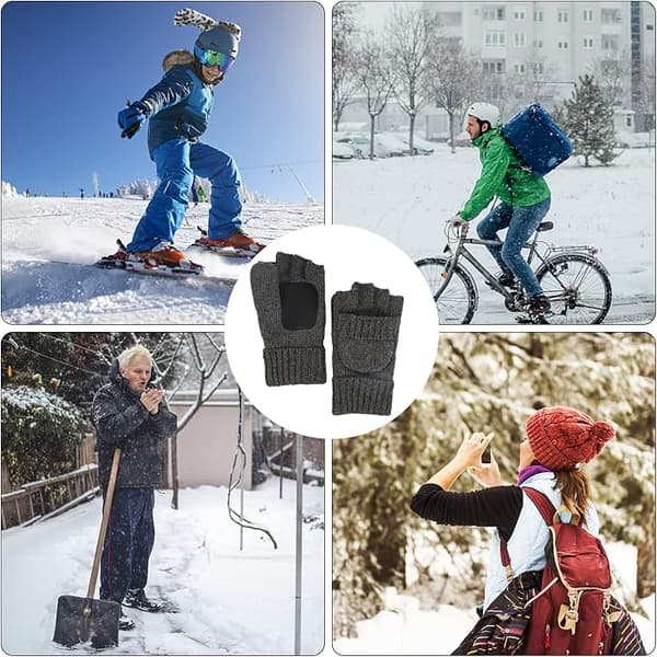 Vinter fingerlösa stickade handskar Ull Termiskt isolerade konvertibla vantar med lock för kvinnor och män (Mörkgrå)