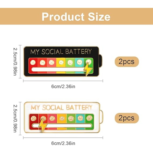 Min sosiale batteri-pin, 4 interaktive emaljepinner for sosialt batteri, kreativ emosjonell pin, morsom for mental helse (hvit + svart)