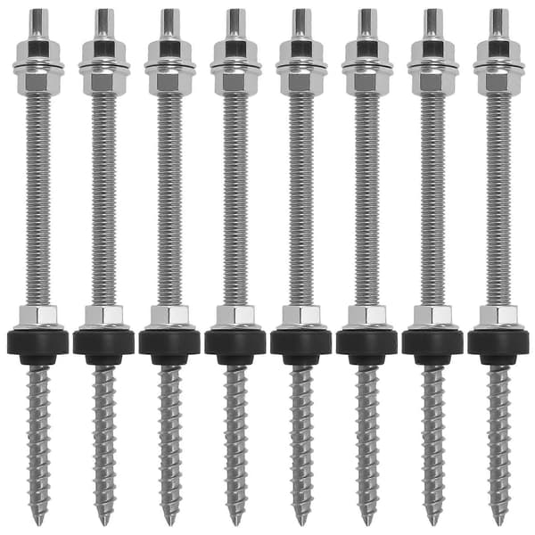 Dubbelskruvar, M10 x 200 mm, förmonterade, V2A, höjdjusterbara, för solcellsmontering på tak, 8-pack Silver