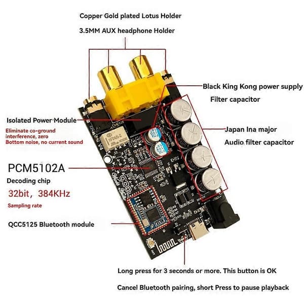 QCC5125 Bluetooth-dekoder isolert febergrad tapsfri høypassdekoder mottaker front-end-kort APTX+LDAC Svart