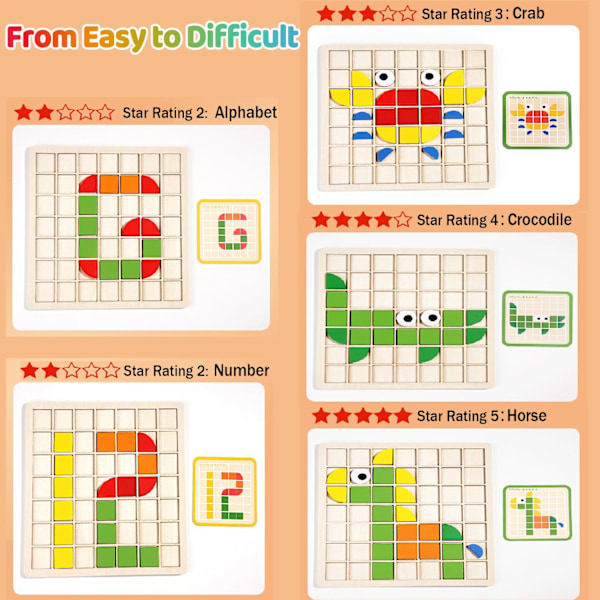 Puisia puinen mosaiikkipalapeli, puinen geometrinen muotopalapeli, Tangram-palapeli hauska Montessori-opetuslelu, Montessori-lelulahjat