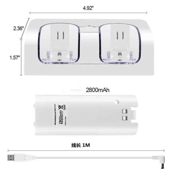 Laddningsbara batteripack & dubbel laddningsdocka för Wii-fjärrkontroll - Vit