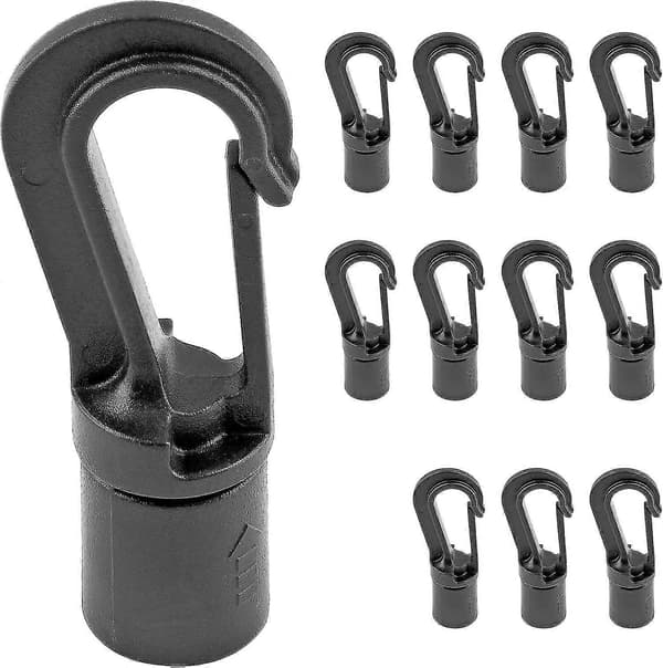 12 st Bungee Shock Cord End Hooks, svarta plast Shock Cord End Snap Hooks för 1/4 tums diameter rep