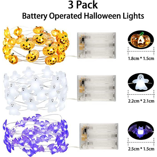 Halloween - Set med 3 temabelysningar med 30 LED-pumpor