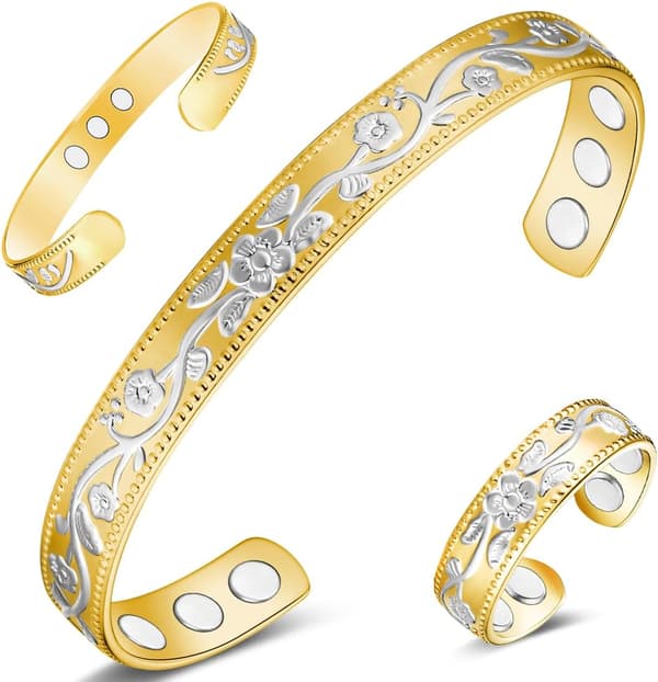 Kobbermagnetisk til kvinder mænd Ultra Styrke Magneter 99,99% Solid Rent Kobber Manchet Armbånd Magnetfeltterapi (Guld & Sølv Blomst)