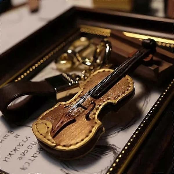 Handgjord Läder Violin & Cello Nyckelring, Musikinstrument Nyckelring