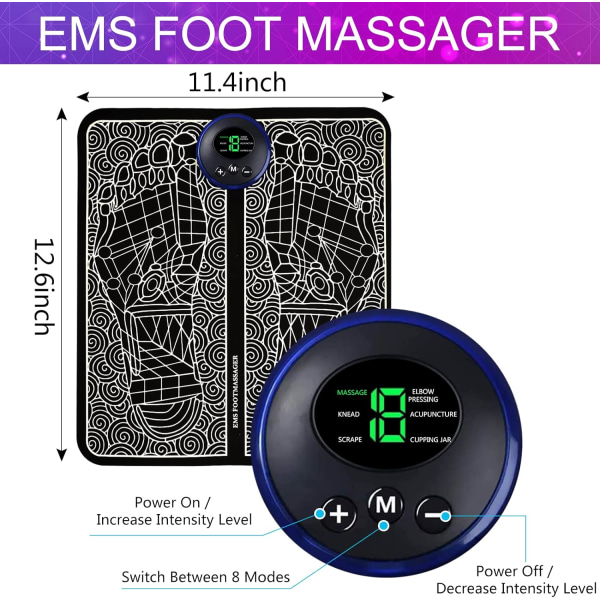 Elektrisk fodmassageapparat, EMS fodmassagemaskine, bærbar USB fodmassagemåtte 8 tilstande og 19 intensitetsniveauer