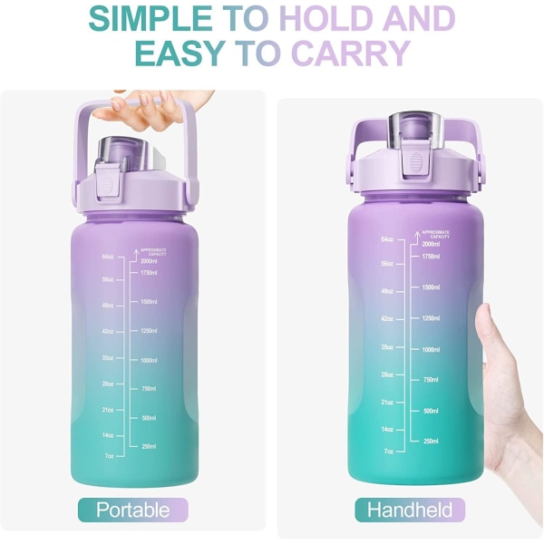Vandflaske, 2 liters sportsflaske, Inspireret tidsmarkør, vandflaske med sugerør, BPA-fri, Lækagesikker, let og genanvendelig, velegnet