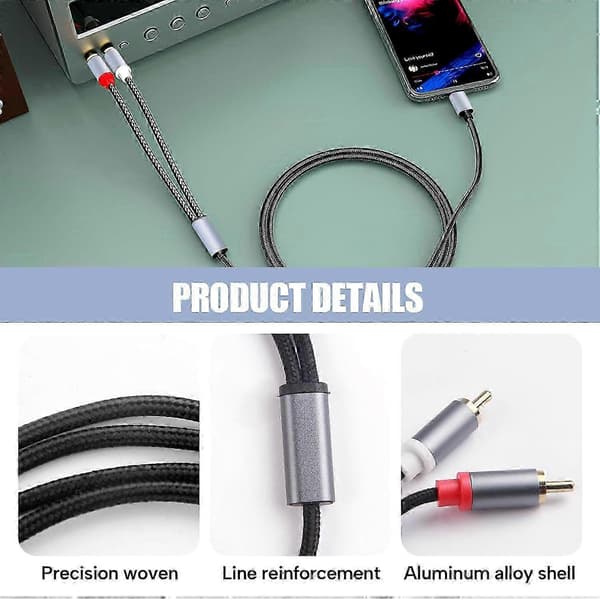 1m USB Type C til 2 RCA lydkabel, USB Type C han til RCA han Y-splitter lydkabel, nylonflettet Phono rød og hvid lyd DAC-kabel til Xiaomi L