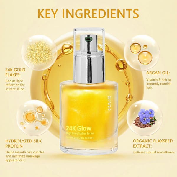 24K Glow High Shine Styling Serum, Forbedrer Glans og Glathed, Nærende Hår, Reducerer Hårbrud